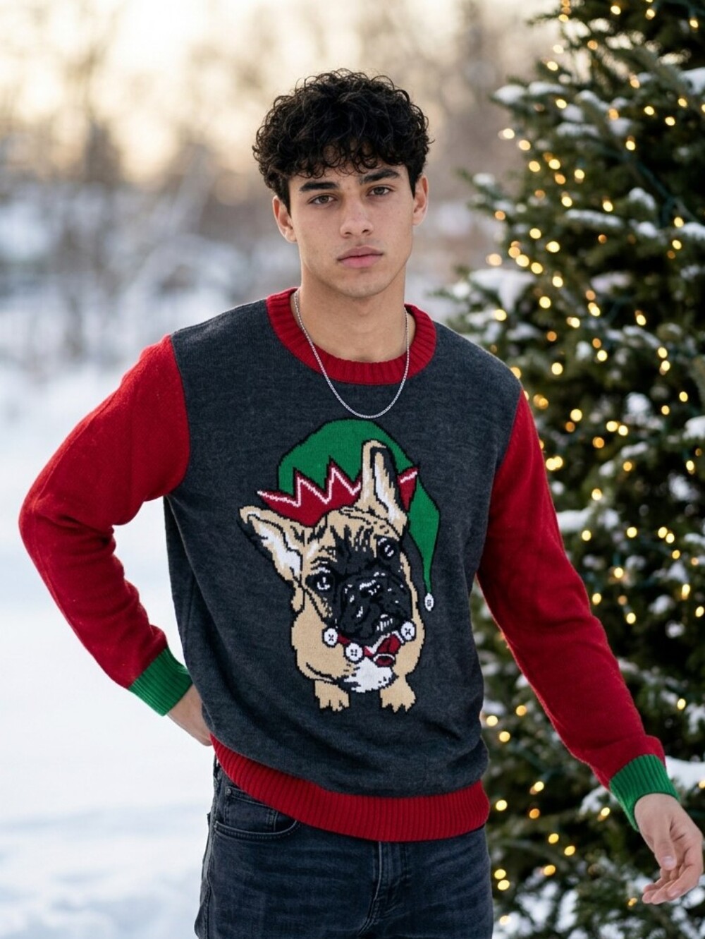 French Bulldog Elf Ugly Christmas Sweater LED Light Up Unisex Knit Men's Small